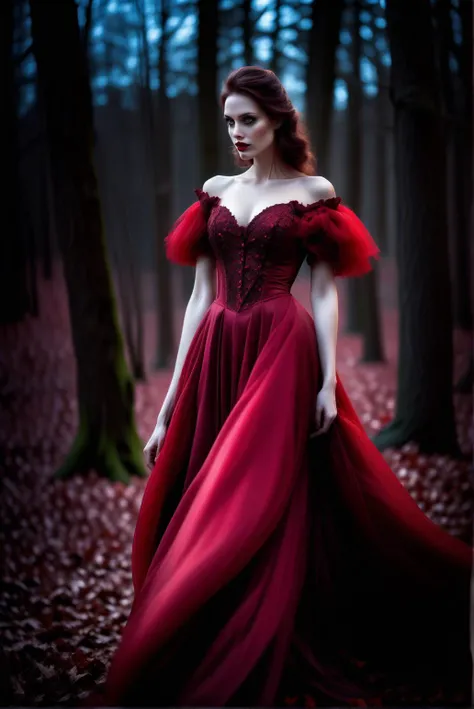 a beautiful vampire walking in the woods. moonlight. ballgown. blood red. 35mm, f/1.8, ISO200, sharp focus.