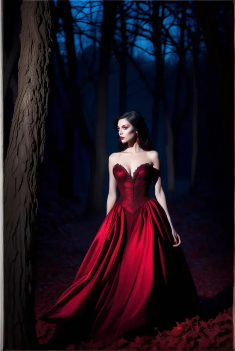 a beautiful vampire walking in the woods. moonlight. ballgown. blood red. 35mm, f/1.8, ISO200, sharp focus.