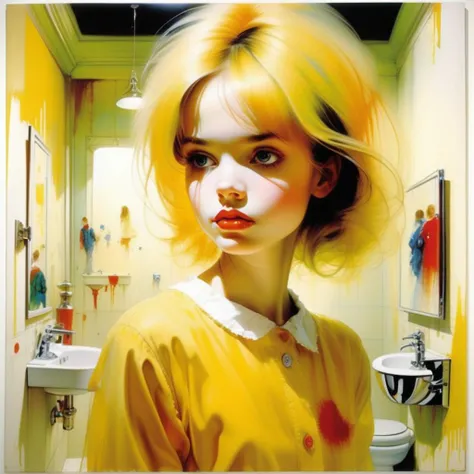 (style of Stephen Gammell, style of John Hoyland:1.4), realistic, photo-realistic, best quality, masterpiece, top quality, official art, extremely detailed, Charming Schoolgirl in Restroom, Innocence meets allure, Bathrooms soft lighting enhances her beaut...