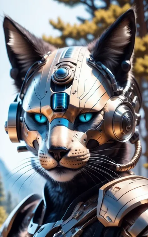 (highest quality), masterpiece, intricate, high detail, professional photo, 8k uhd, sharp focus, (realistic photograph:1.2),a cybernetic cat wears futuristic armor with weapons, look at the viewer,on a cliff, a forest background,(beautiful details fur and ...