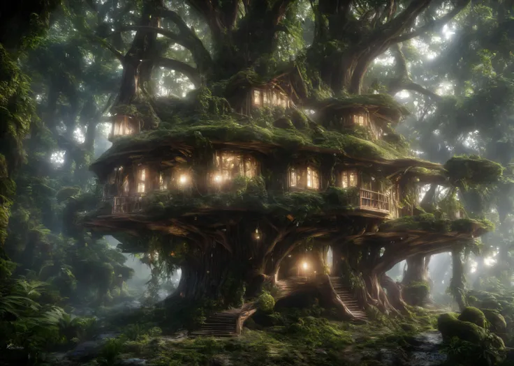 a big tree house in a captivating never ending rainforest made of wonderland, variety of ((alien flora and fauna)), high detail, 4k, photorealistic, realism, masterpiece, wide shot, sharp focus, photo, fantasy::, the dark crystal movie style::