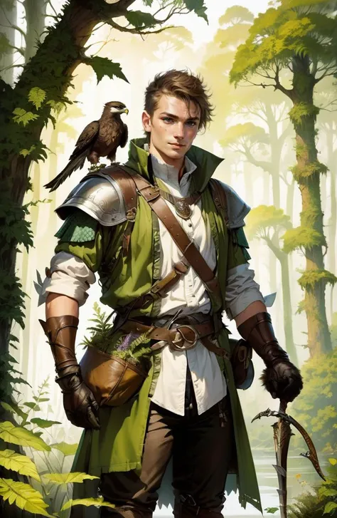 portrait, looking at viewer, solo, half shot, detailed background, detailed face, (<lora:MusketPunkAI:0.6>, MusketPunkAI theme:1.1) falconer, bird resting on shoulder, eagle resting on shoulder, falconer gloves, light smile, dynamic pose, medieval fantasy ...