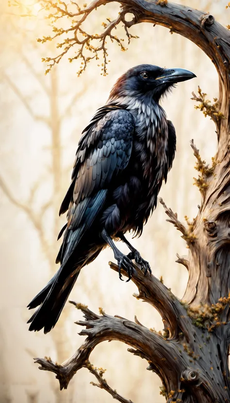 decaying crow perched on a barren, gnarled tree branch