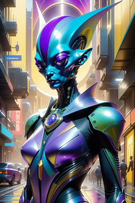 (Pathetic Painting:1.3) of (Cel shading:1.3) of ((A regal alien diplomat with elegant attire, unique markings, and cosmic accessories. Extraterrestrial hues, cosmic purples, and diplomatic golds. Diplomatic and otherworldly.:1.3)), Volumetric Lighting, Vol...