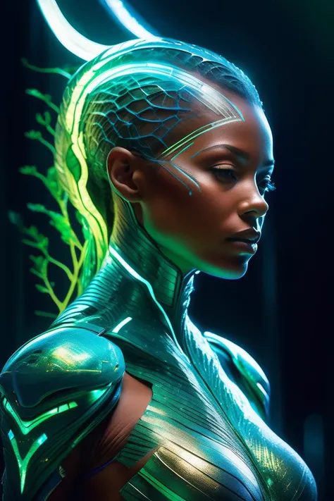 (Dramatic Digital Artwork:1.3) of (Ultra detailed:1.3) ((Bioenhanced Sentinel, A genetically enhanced guardian in a living, symbiotic armor with pulsating bioluminescent veins. The color palette blends organic greens, blues, and iridescent hues, projecting...