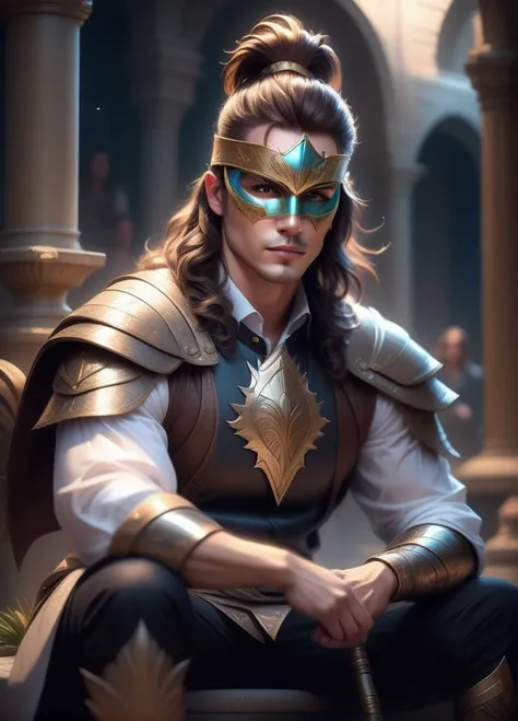 best quality, masterpiece, of a male, dressed as a Warrior, with brown hair, with a male fantasy hairstyle, wearing a fantasy mask, masquerade ball, <lora:fantasymask:.6>, portrait, sitting, In a magical zoo where mythical creatures from various realms coe...