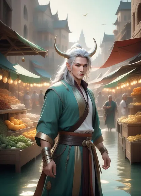 best quality, masterpiece, of a male, dressed as a Sage, with platinum hair, with a male fantasy hairstyle, wearing a horns, portrait, fighting, In a bustling market in a city floating on water, with merchants selling magical artifacts,, realistic, concept...