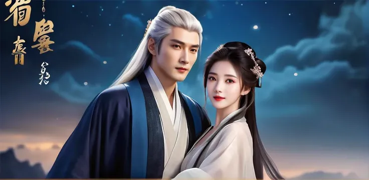 (best quality),(photo-realistic:1),realistic skin texture,bokeh,face focus,looking at viewer,from below,couple,male and female,long hair,white hair,full_body,slim body,upper body,Song Dynasty,gorgeous,Chinese hanfu,long sleeve, sky, cloud, moon, night