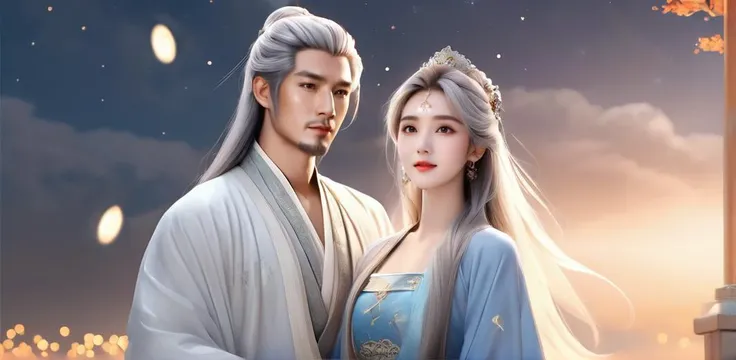 (best quality),(photo-realistic:1),realistic skin texture,bokeh,face focus,looking at viewer,from below,couple,male and female,long hair,white hair,full_body,slim body,upper body,Song Dynasty,gorgeous,Chinese hanfu,long sleeve, sky, cloud, moon, night