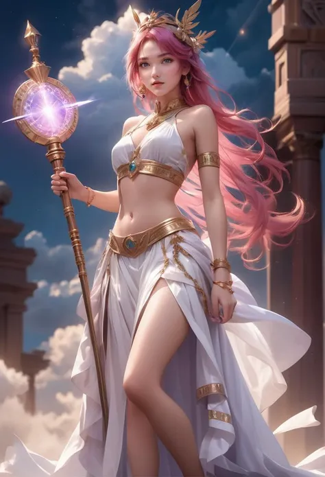 (masterpiece, high detail, best quality), greek clothes, peplos, 1 asian girl, holding magic staff, solo, headwear, long hair, navel, pink hair, skirt, staff, jewelry, sandals, small breasts, platform footwear, white skirt, bracelet, looking at viewer, upp...