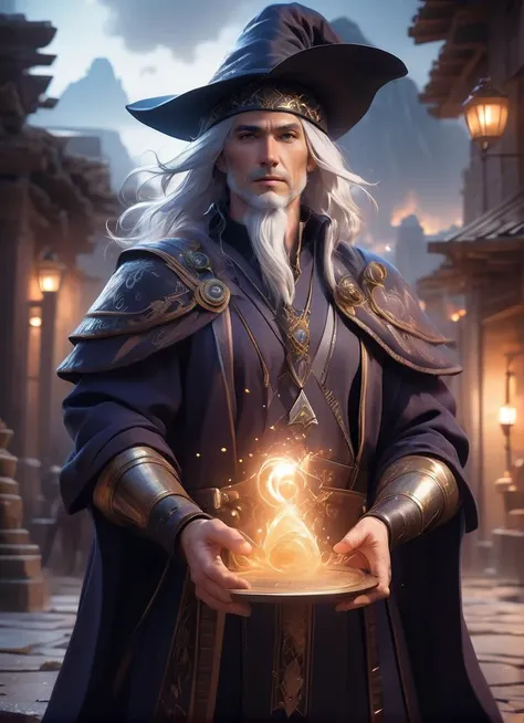 (masterpiece, best quality:1.5)   best quality, masterpiece, of a male, dressed as a Crafter, with platinum hair, with a male fantasy hairstyle, wearing a witch hat, portrait, stood, In a bustling ancient city in the heart of a volcano, protected by a powe...