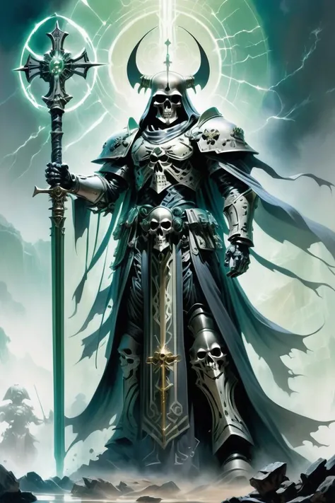 (Imaginary Painting:1.3) of (Graphic novel:1.3) of (Warhammer 40k:1.3), Necron Overlord, Gleaming skeletal frame enshrouded in a resplendent cloak, armed with a staff of light and a staff of destruction, (art by Simon Bisley:1.5) and (art by Frank Frazetta...