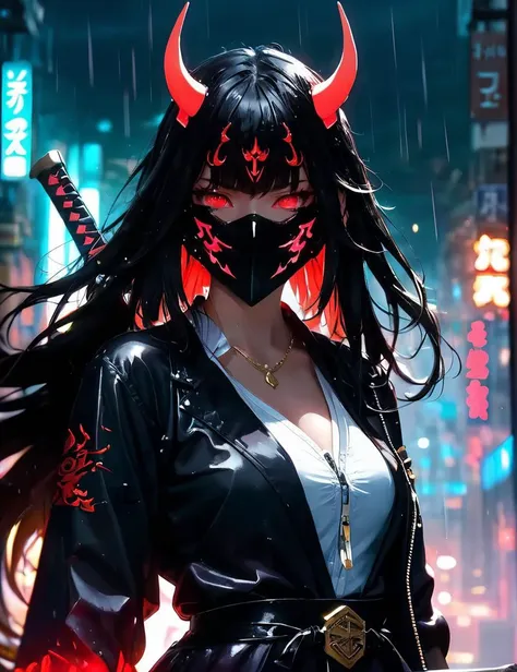 masterpiece, best quality
1girl, black hair, black jacket, blurry, blurry background, breasts, depth of field, glowing, glowing eyes, helmet, horns, jacket, jewelry, katana, long hair, looking at viewer, mask, medium breasts, necklace, neon lights, oni mas...