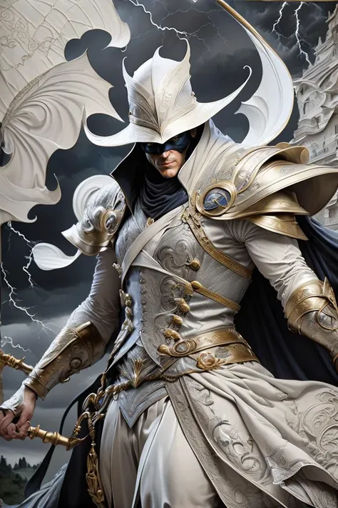 (Ultra high quality, Ultra realistic, intricate, Ultra high resolution), (Dynamic, Splendid Grisaille art:1.5), (Amazing close view of a Storm Herald Shadow Sorcerer made of patchwork with many different materials:1.5), (Creating a new invention in A royal...