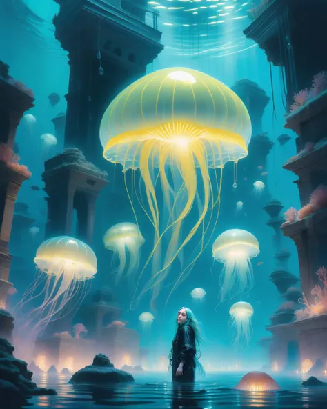 Mysterious, fantasy, illustration: Billie Eilish floats in an ancient, submerged city. With a gentle touch, she controls bioluminescent jellyfish that create protective barriers, warding off shadowy creatures lurking in the depths.