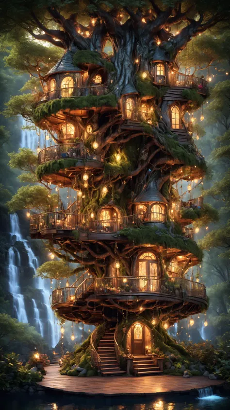 in a magical mystical realm, a photo of a single magical family (tree home:1.1) with glowing orbs, a luxury brass  and slate siding tree home featuring winding stairs, with a (waterfall:1.1) and colorful glowing lights at dusk with a sunset, (ornate creati...