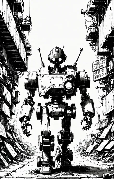 a drawing of a robot standing in a city with a lot of buildings