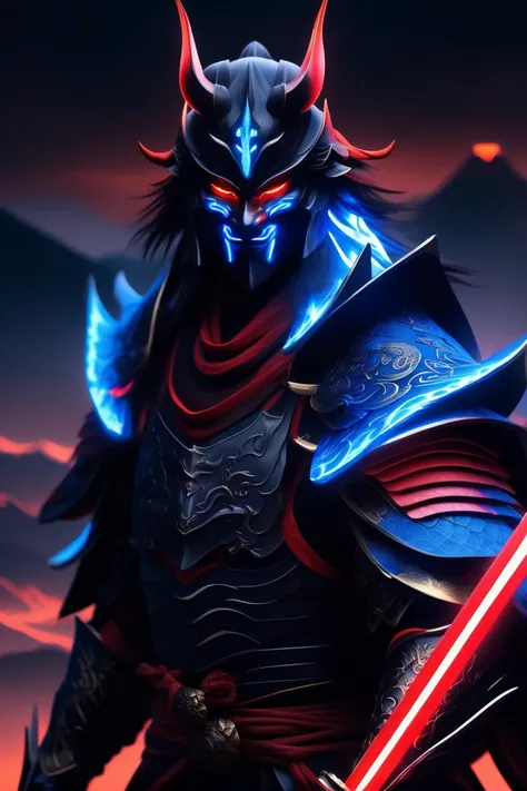 (Masterpiece), Male, Samurai, glowing red eyes, (Modern:1), (plated armor:1.4), Heavy Armor, (Glowing blue sword:1), (Samurai demon mask),  Mountain background