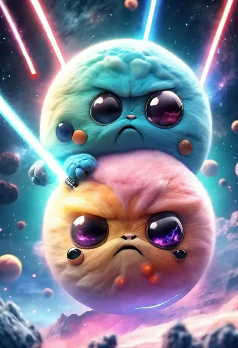 Two tiny cute spherical angry planets with face, fighting, looking each other, holding a lightsaber :: cute 3d render, in a background of space, nebula, stars, epic, poster