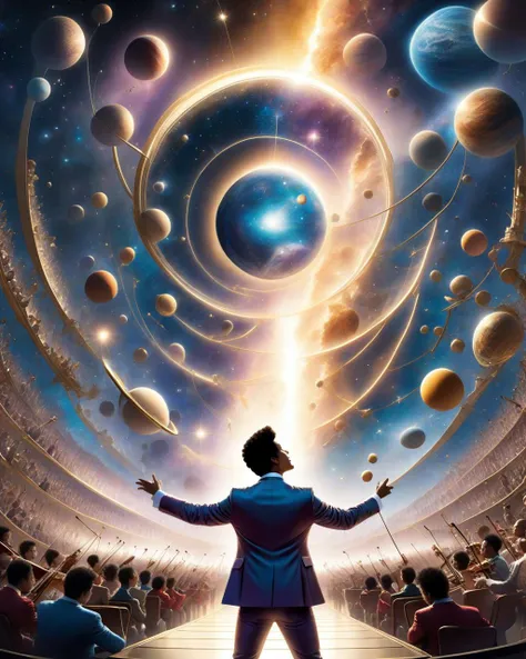 Mysterious, fantasy, illustration: Bruno Mars conducts a symphony at the universes edge. Celestial bodies move to his rhythm as he orchestrates a cosmic concert, drawing in entities from various dimensions.