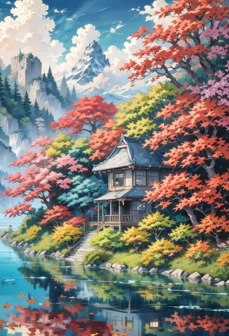 clear image, masterpiece, high definition, ultra clarity, the best resolution, anime style, a small house in the style of a basic drawing, (submerged at the bottom of a crystal clear ocean:1.95), pastel colors, bright colors, (the house is totally surround...