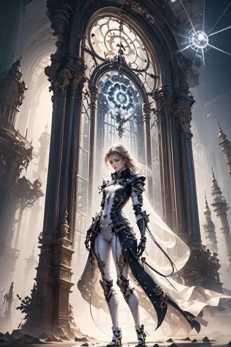 by wlop and Ruan Jia, ddia6-mecha, illustration, breathtaking concept art Maria from Bloodborne praying with tears streaming down her face, standing in front of the window of the Tower of Stars in her metal mechanical prosthetics, Victorian steampunk style...