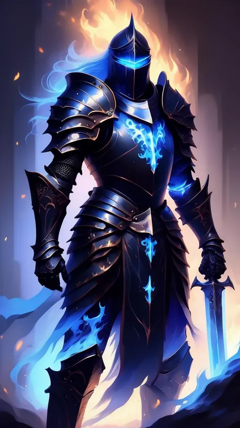 Knight in black armor with glowing blue flames