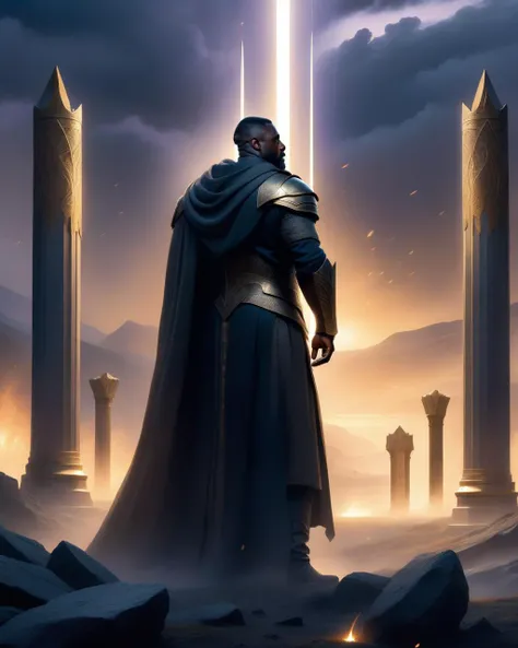 Mysterious, fantasy, illustration: Idris Elba commands a battlefield under a dusk-lit sky. He summons pillars of light to guide lost souls, creating sanctuaries against encroaching shadows in this twilight realm.