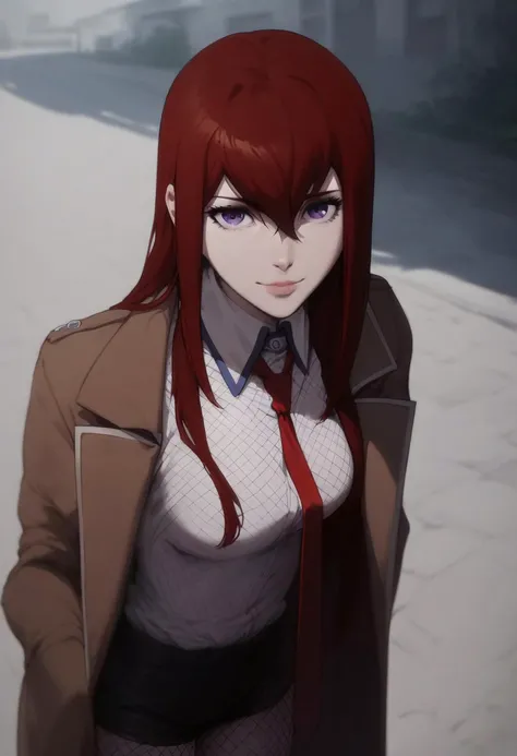 safe_pos, score_9, score_8_up, score_7_up, 1girl, kurisu makise, hair between eyes, hair over shoulder, long hair, purple eyes, red hair, straight hair,black pantyhose, black shorts, brown coat, collared shirt, long sleeves, necktie,  nude , fishnets, perf...