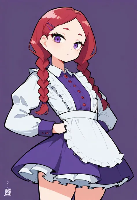 score_9, score_8_up, score_7_up, 1girl, purple eyes, red hair, forehead, long hair, looking at viewer, (low twin braids), parted bangs, sidelocks, solo, cowboy shot, purple background, wearing dr3ss, satin maid outfit, short poofy voluminous skirt, frills