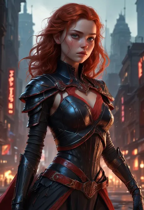 High resolution ultra-realistic of Beautiful Dark Sith girl, 8k, capturing the intensity of the moment, cinematic lighting, standing on a bloody and turbulent battlefield in a bloody battle, wavy red hair, realistic dirty pale face, realistic blue eyes, be...