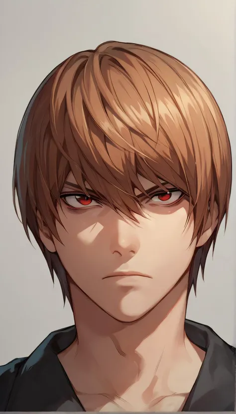 score_9, score_8_up, score_7_up, score_6_up, Light Yagami, alone, looking at viewer, 1 boy, red eyes, hair between eyes, closed mouth, male focus, grey background, bags under eyes, villain, low lighting, Serious