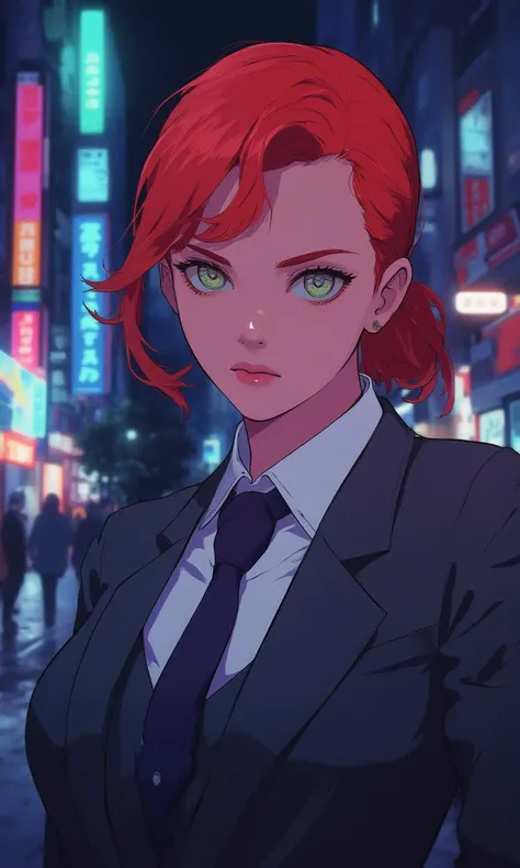 mature woman wearing a suit and tie close up portrait photo , red hair, green eyes, closeup on facecyberpunk anime  city at night, comic illustration<lora:Fluxminebigeyes.safetensors:0.0:0.0> <lora:FluxCPA.safetensors:1.0:1.0>