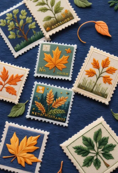 Close-up shot of a handmade cross-stitch green on indigo background, The image shows four postage stamps from the Netherlands. Each stamp has a unique design and color scheme.  depicting a forest setting, detailed stitching, vibrant colors, green backgroun...