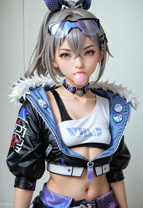 safe_pos, score_9, score_8_up, score_7_up, BREAK, cute girl, portrait, solo,  silverwolfdef, grey eyes, grey hair, long hair, ponytail, hair between eyes, drill hair, eyewear on head, hair ribbon, choker, crop top, fur trim, black jacket, cropped jacket, m...