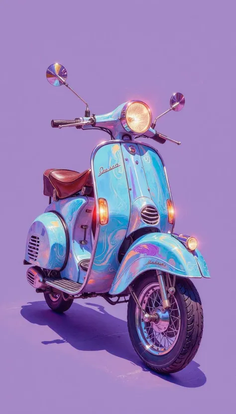 DB4RZ,DB4RZ style painting,a hand-drawn sketch and watercolor style,opalescent inlay,DIGITAL PAINTING,FLUORESCENT, GLOW, A vintage Vespa scooter, rendered in a cel-shaded vector art style, set against a monochromatic lavender backdrop. Employ a low-angle s...