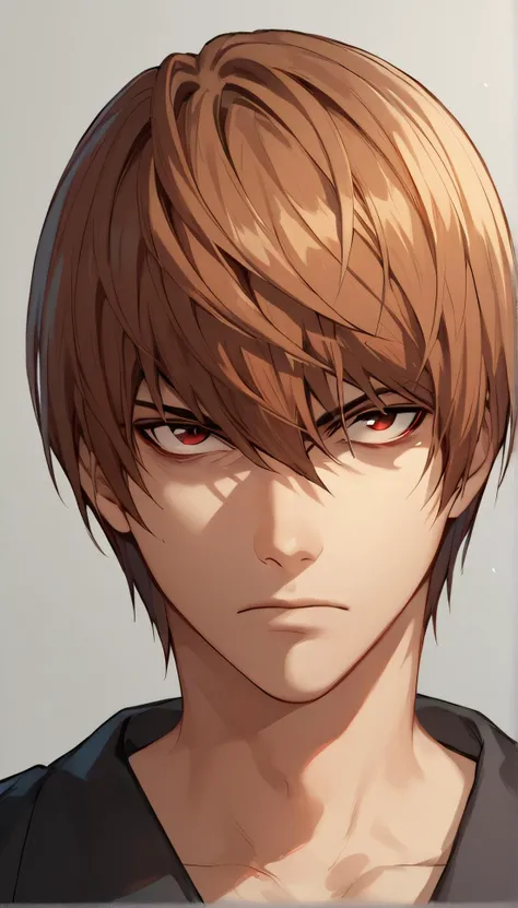 score_9, score_8_up, score_7_up, score_6_up, Light Yagami, alone, looking at viewer, 1 boy, red eyes, hair between eyes, closed mouth, male focus, grey background, bags under eyes, villain, low lighting, Serious