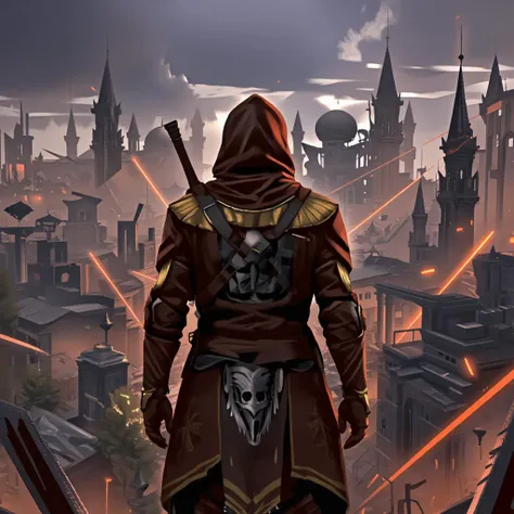 WL0P mode, bold contrasts, glowing lines, era 2020s medieval-futuristic, futuristic leather armor with medieval embroidery, solo, post-apocalyptic fantasy style, Rating SFW, a rogue in medieval-inspired tech gear stands in front of a collapsed city, ¬laser...