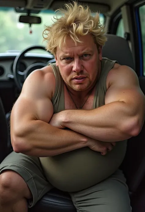 A strong, chubby lad with blond hair purging the clutch of a PT Cruiser