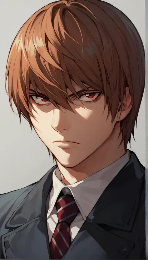 score_9, score_8_up, score_7_up, score_6_up, Light Yagami, alone, looking at viewer, 1 boy, red eyes, hair between eyes, closed mouth, male focus, grey background, bags under eyes, villain, low lighting, Serious