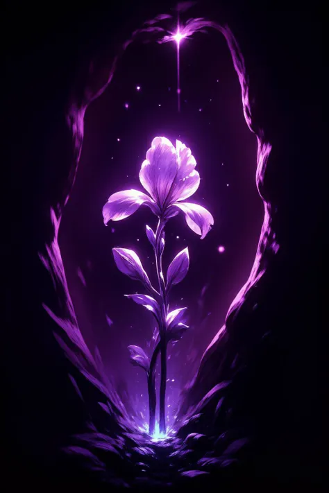 A beautiful purple iris in a dark cave. Nothing around it just a little light ray shine it. This fantasy scene capture a the iris in the most stunnig and dramatical. This abstract image the most beautiful image that we have ever seen., <lora:aidmaMJ6.1:1>,...