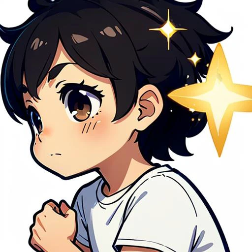 1man,  short  black hair ,tan brown skin, big sparkle near eye, no money , white plain t shirt,white background,   chibi , highly detailed,  , hands on face , side view , thick outline <lora:EmoteMakerLora:1>