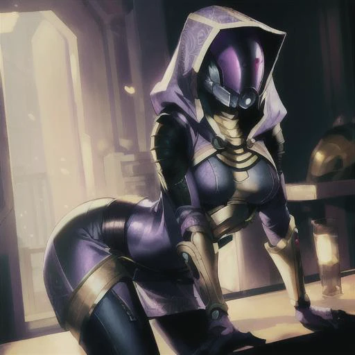 <lora:tali:0.6> tali, hood, purple bodysuit, beautiful, good, figure, wide hips, dynamic mask, masterpiece, (helmet, faceless), good lighting, intricate, ambient occlusion, detailed, 4k, hood up, alien, quality, 1 girl, solo.