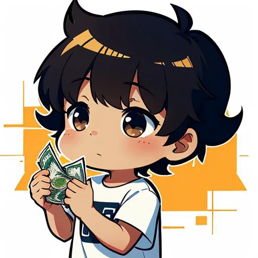 1man,, short black hair ,tan brown skin, big sparkle near eye, throwing money, white plain t shirt,white background,   chibi , highly detailed,  , hands on face , side view , thick outline <lora:EmoteMakerLora:1>