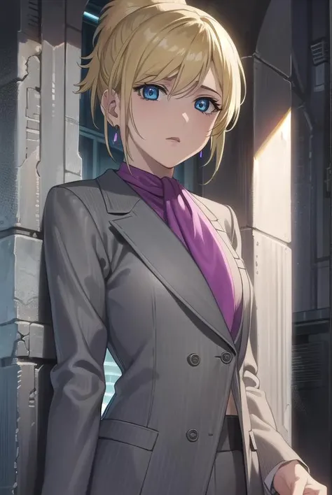 wolfsraincher, <lora:wolfsrain cher-lora-nochekaiser:1>,
cher, short hair, blue eyes, blonde hair, ponytail,
BREAK earrings, ascot, formal, suit, lipstick, makeup, jacket, (grey jacket:1.5),
BREAK outdoors,
BREAK looking at viewer, (cowboy shot:1.5),
BREAK...