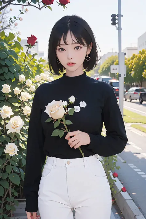 masterpiece, best quality, highly detailed,
(((solo))), (((1girls))), black eyes, earrings, <lora:flat2:1> <lora:add_detail:-1>, looking at viewer, (bangs:1.5), closed mouth, (black long sleeve t-shirt), medium breasts, outdoors, full body, (White rose pat...