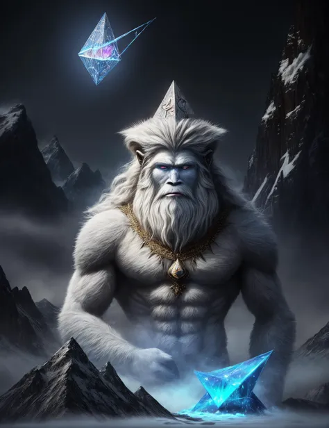 ((best quality)), ((masterpiece)), ((realistic)), (detailed), male yeti, large, 10 to 15 feet tall, ape-like being, white fur sk...