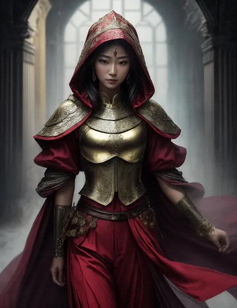 ((best quality)), ((masterpiece)), ((realistic)), (detailed),  a East Asian Strong android Mage  wearing CherryRed Jeweled breastplate, shimmering with magical energy and Linen wide-legged pants, perfect for a cool and relaxed summer look and Veiled hood, ...