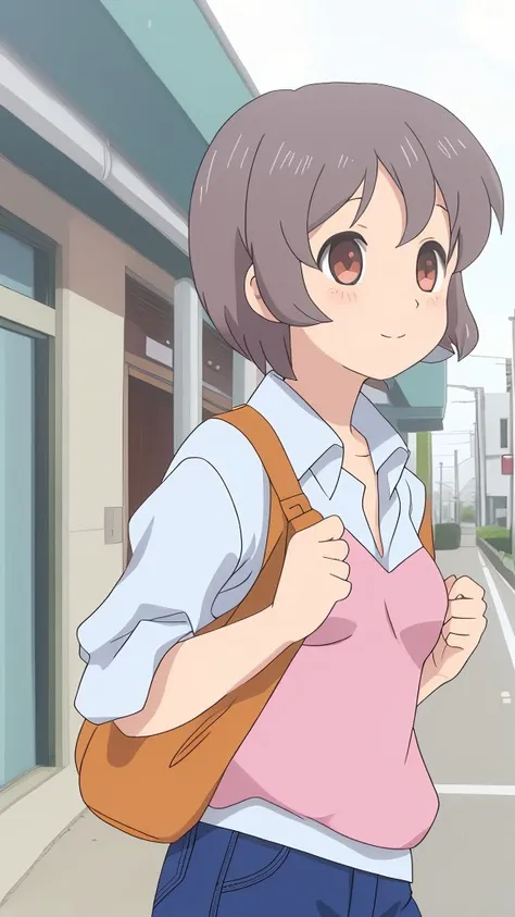 anime girl with a backpack walking down a street in a city