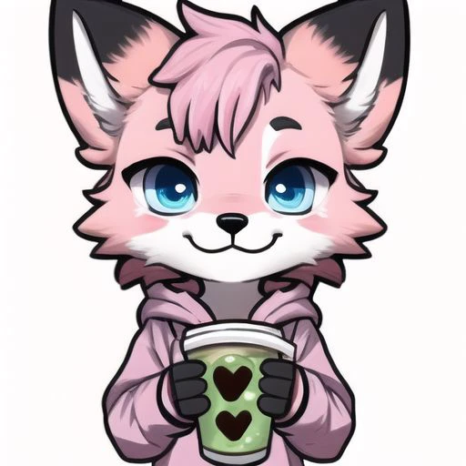 chibi emoji, (heart-shaped eyes 1.4), closeup, 1boy, furry fox , light pink fur:1.4, closed mouth:1.4, happy, blue eyes, very short pink hair, hoodie, (holding boba)<lora:exag-000009:1>, simple background, <chibi emote>